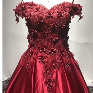 Red Off Shoulder Flower Detail Ballgown Prom Dress
